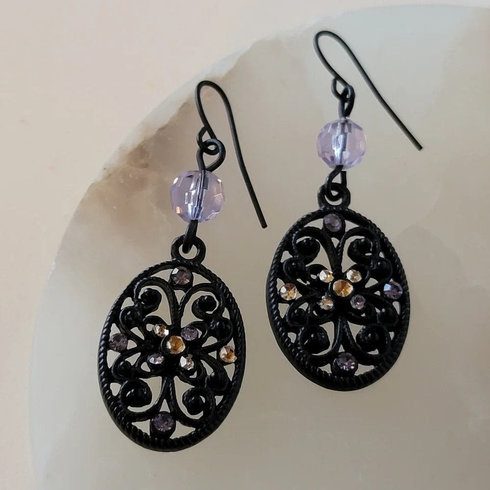 Black Floral Filigree Scrolls and Lilac Clear faceted Beads and Rhinestone